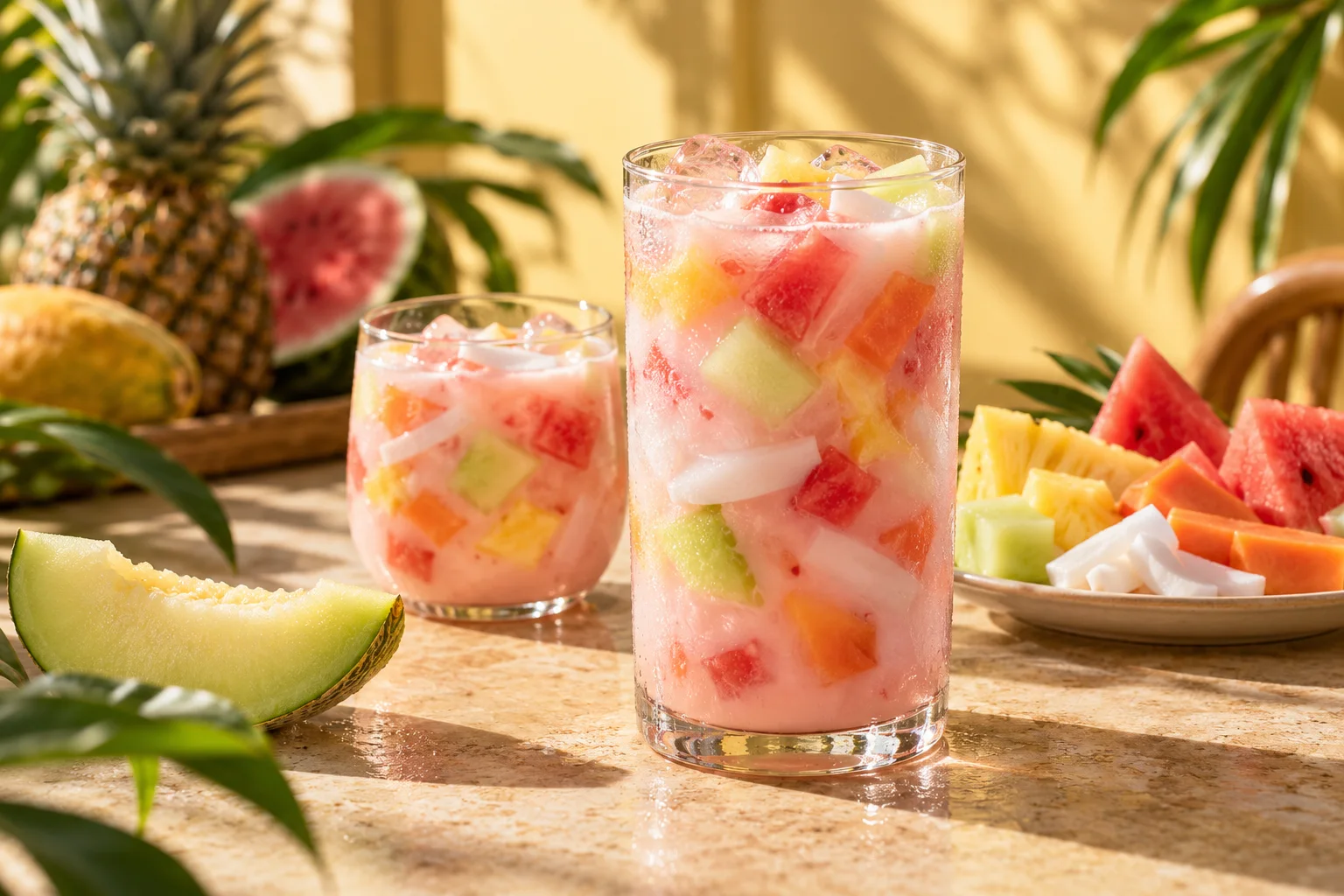 Chilled fruit dessert drinks with colourful fruit in clear glasses