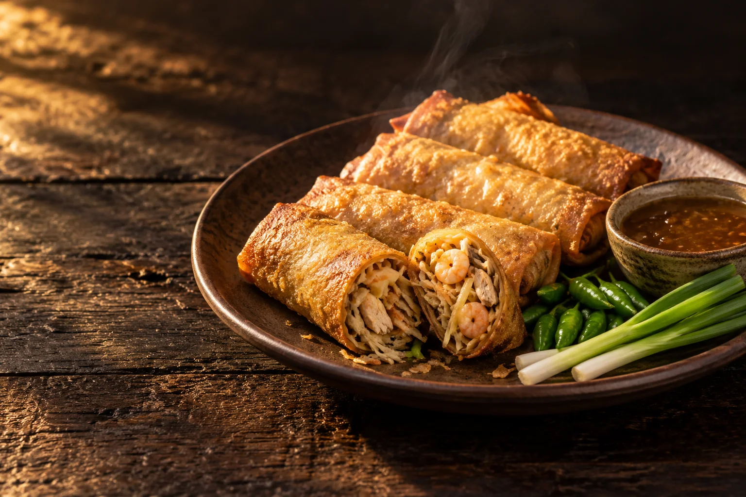 Lumpia Semarang keemasan dengan saus dan cabai di atas piring