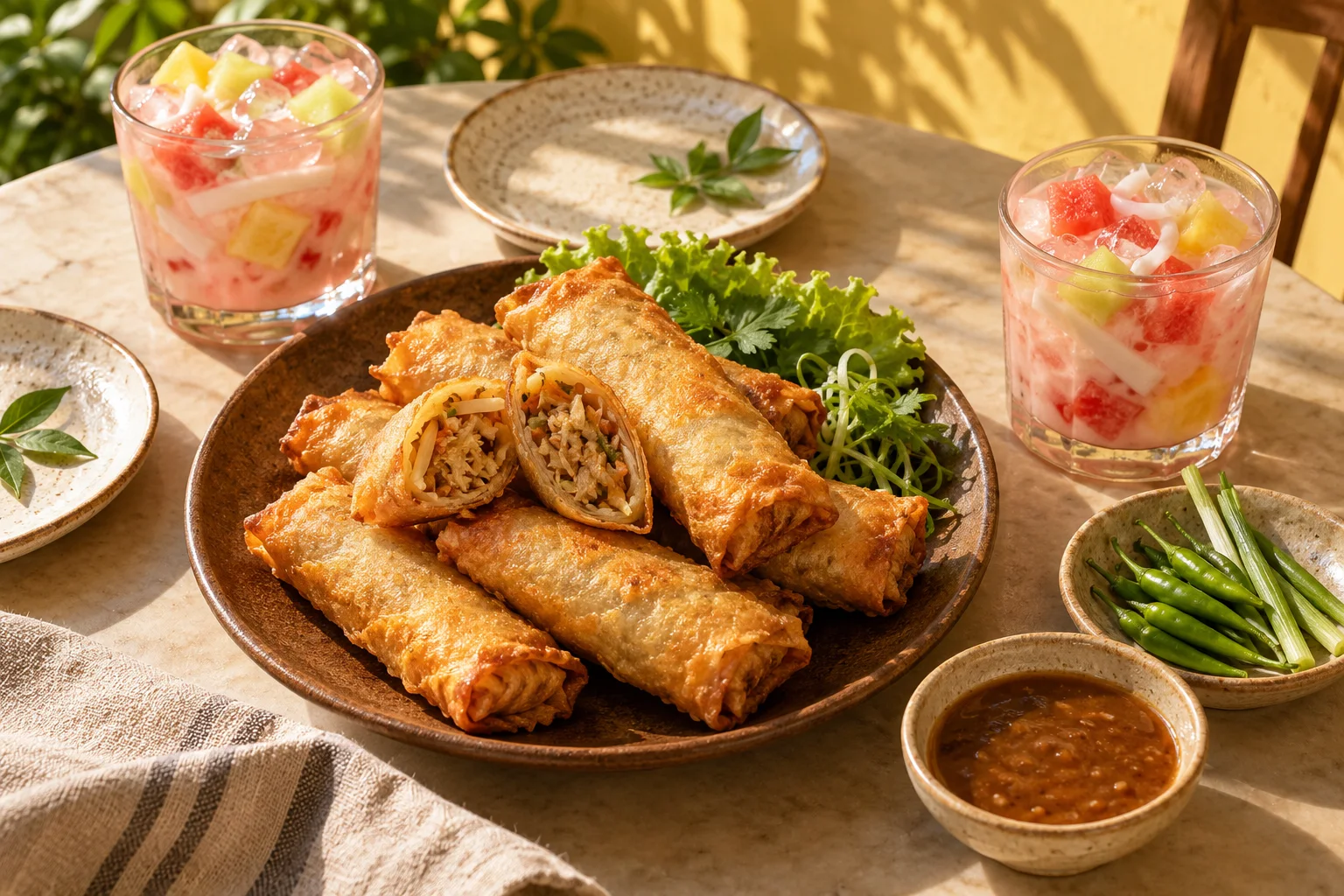 Spring rolls and fruit drinks on a table to enjoy together